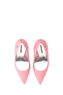 Dsquared2 women’s pink quilted suede pumps with pointed toe and metallic insole in a blue product setting