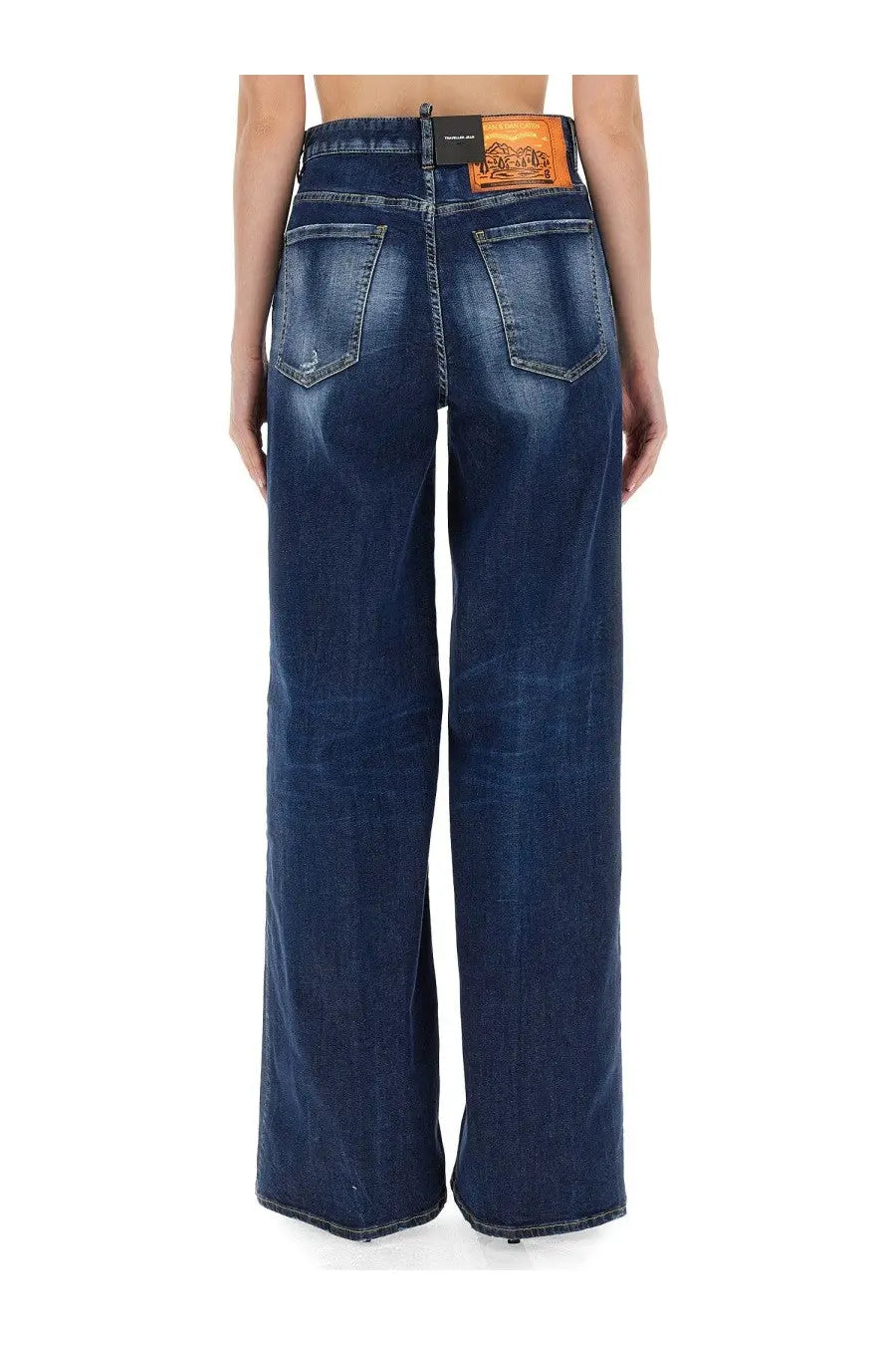 Dark blue denim wide-leg jeans with an orange leather patch at the waistband by dsquared2 womens traveller jeans