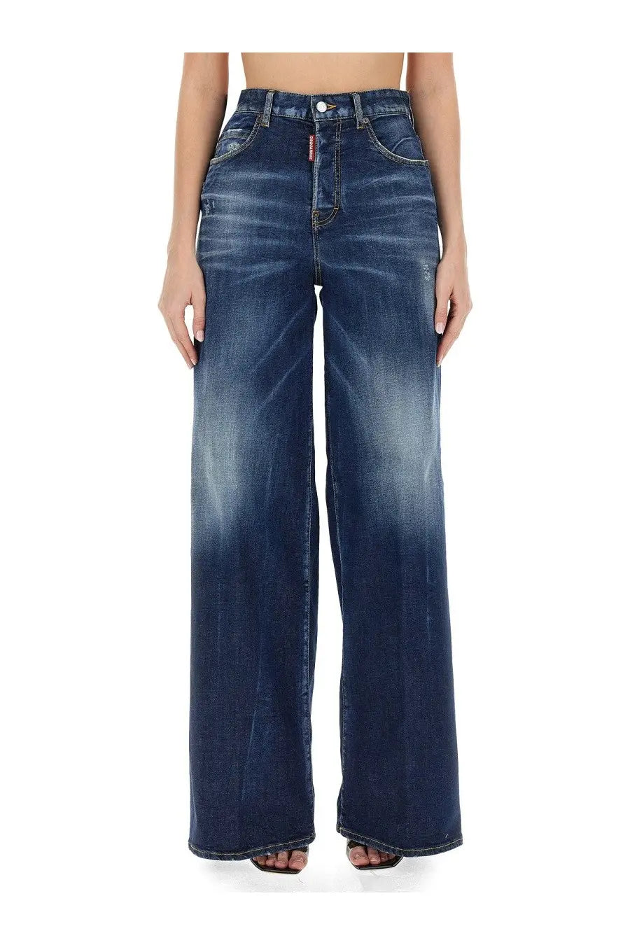 Dsquared2 women’s traveller jeans in dark blue high-waisted wide-leg denim with faded wash and distressed details