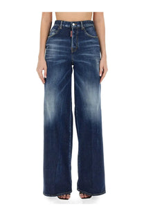 Dsquared2 women’s traveller jeans in dark blue high-waisted wide-leg denim with faded wash and distressed details