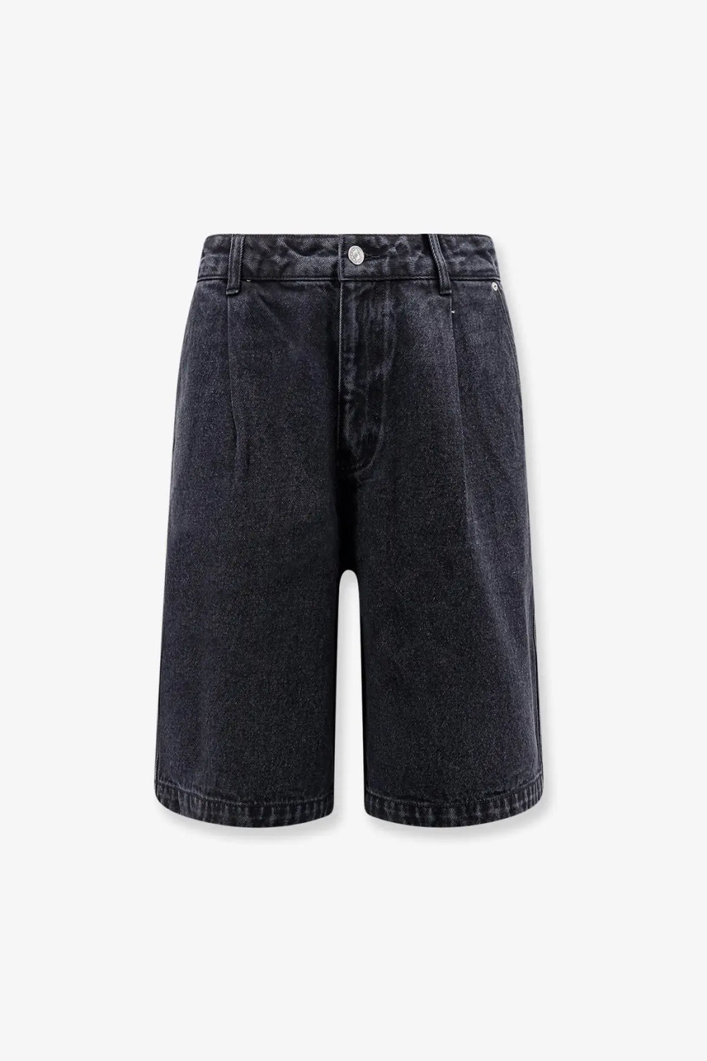 Dark-wash back view denim bermuda shorts with high waist and straight-leg cut in black by dunst men’s collection