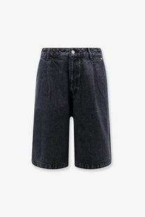 Dark-wash back view denim bermuda shorts with high waist and straight-leg cut in black by dunst men’s collection