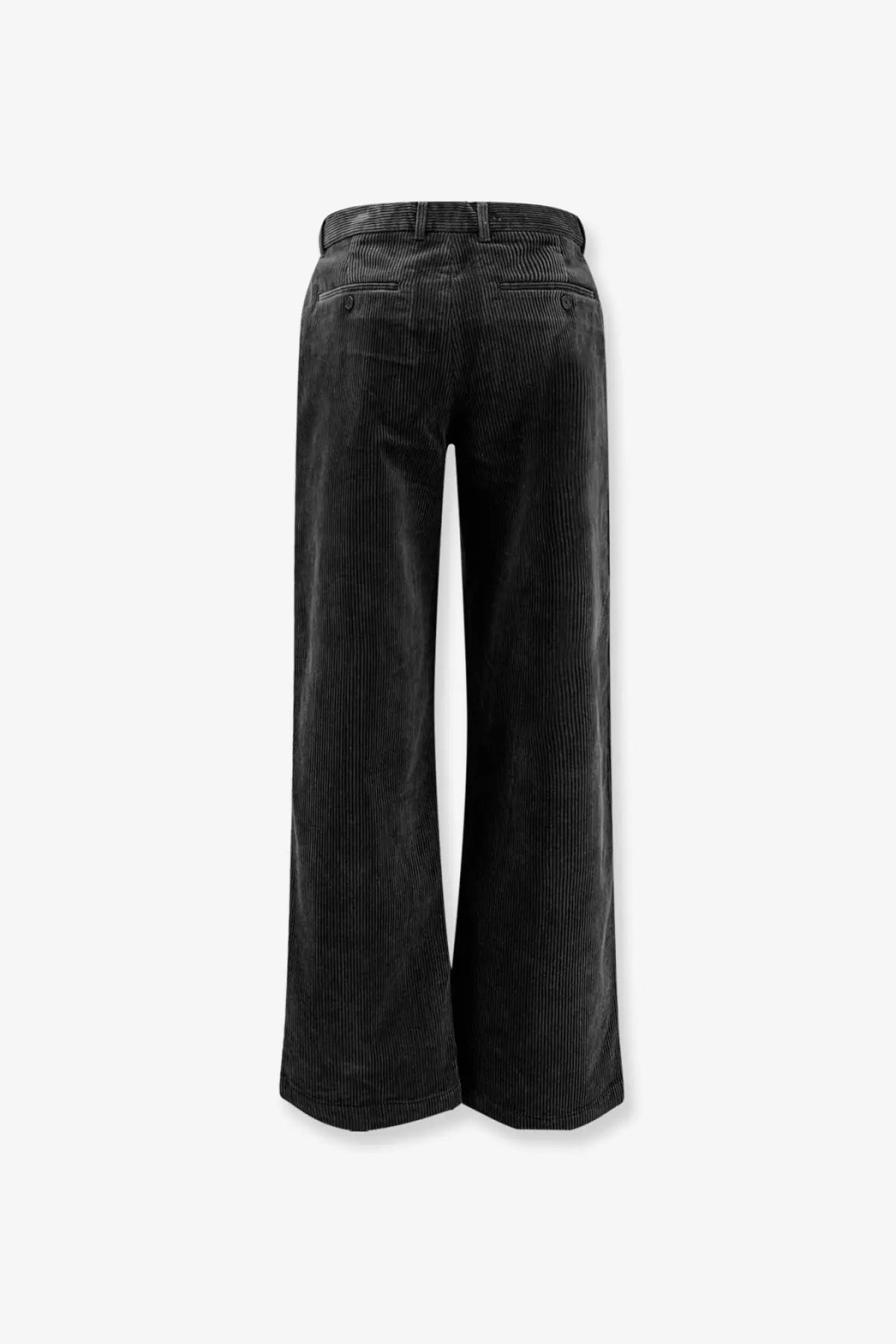 Back view of dunst men’s black corduroy wide-leg trousers with ribbed texture and buttoned back pockets