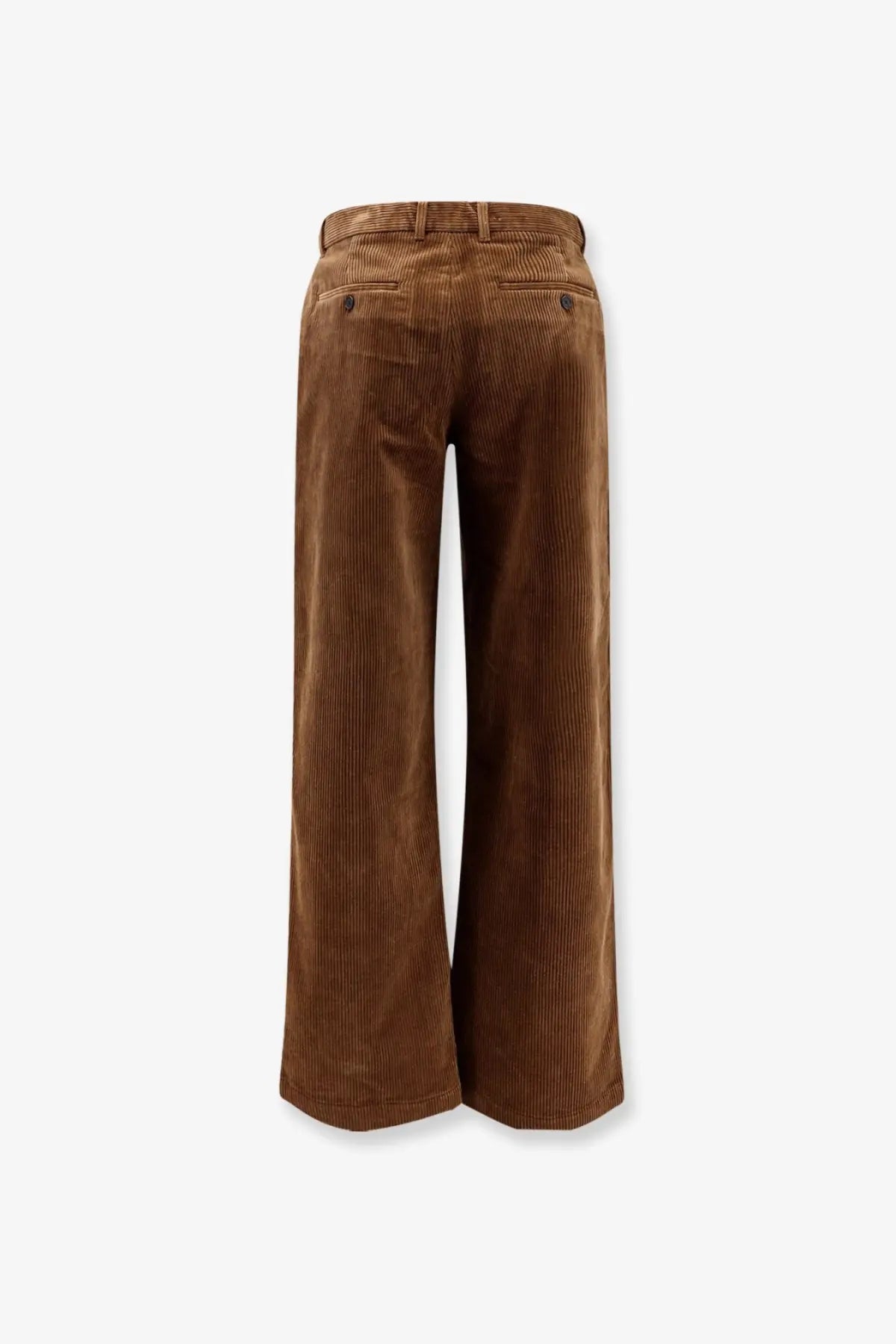 Brown dunst men’s corduroy wide-leg trousers with classic belt loop waistband and buttoned back pockets viewed from back