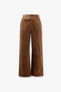 Brown corduroy wide-leg trousers with classic button closure and subtle vertical ribbing by dunst men’s corduroy trousers brown