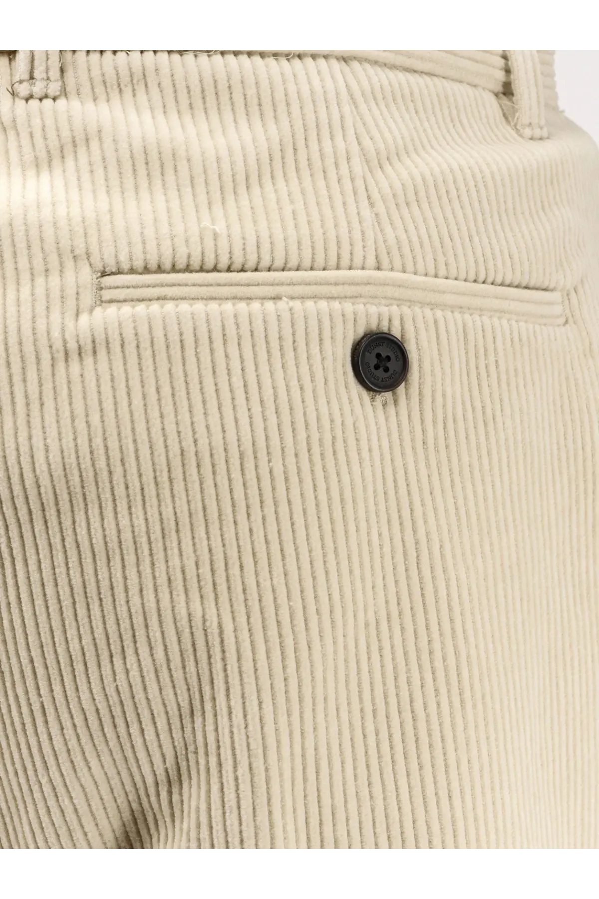 DUNST men’s beige corduroy trousers with dark button on front pocket in soft white fabric