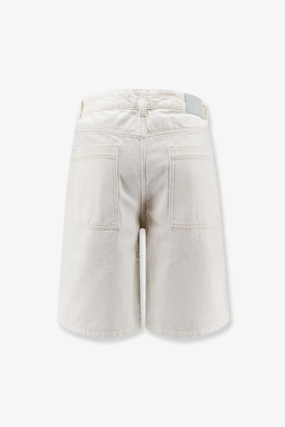 Cream-colored cotton denim DUNST men’s Bermuda shorts showing classic back pockets and subtle gray waistband label