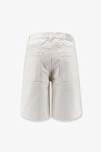 Cream-colored cotton denim DUNST men’s Bermuda shorts showing classic back pockets and subtle gray waistband label