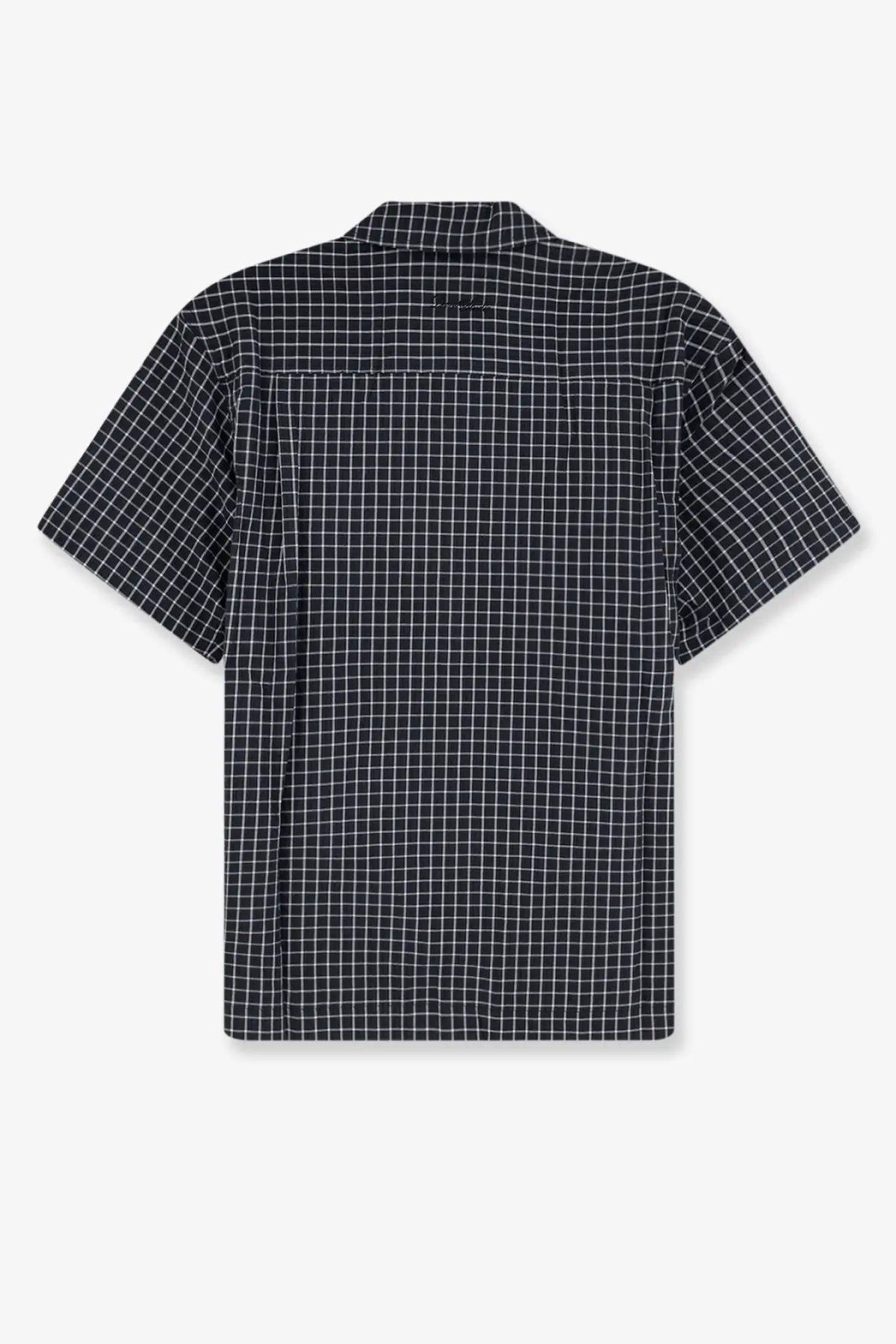 DUNST men’s black short-sleeved cotton blend shirt with white grid pattern perfect for casual wear