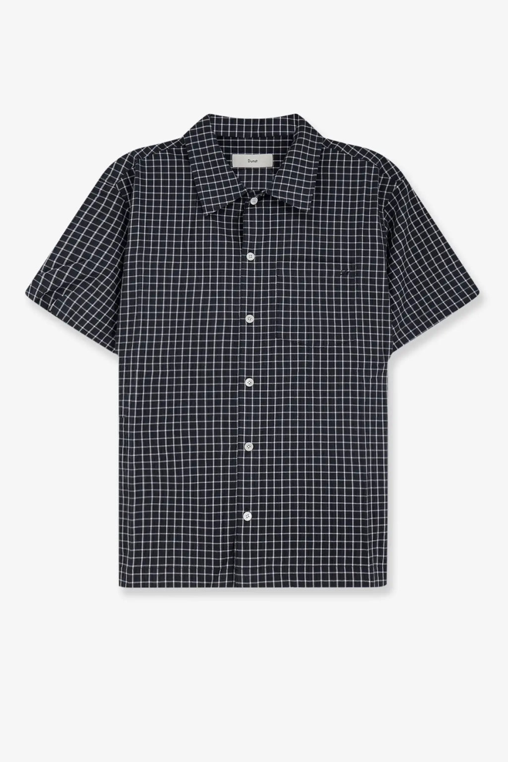 Black and white checkered short-sleeved button-up cotton blend shirt with collar by dunst for men