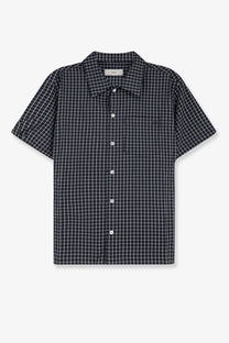 Black and white checkered short-sleeved button-up cotton blend shirt with collar by dunst for men