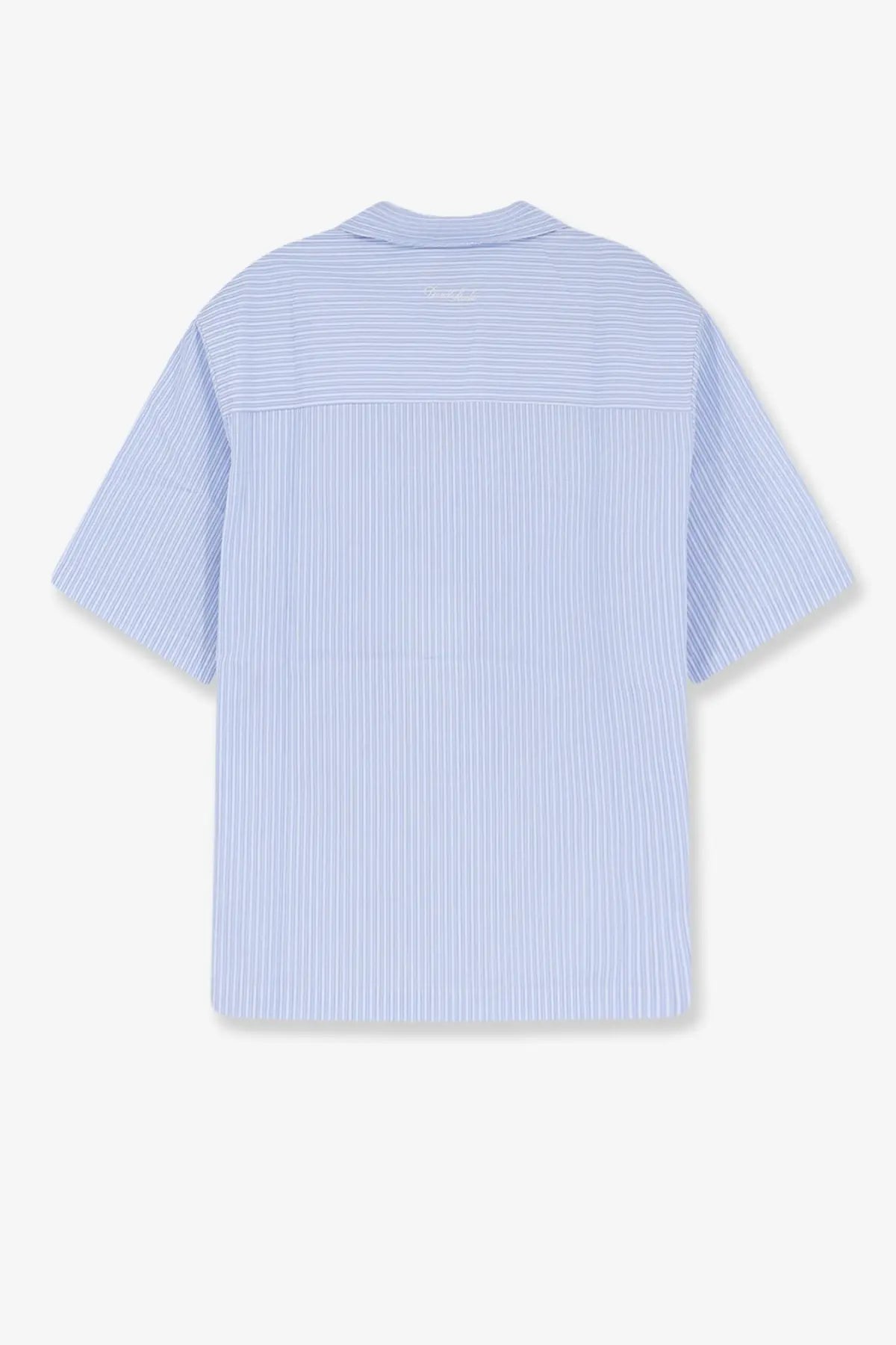 Dunst men’s cotton blend light blue and white vertically striped short-sleeved shirt with collar