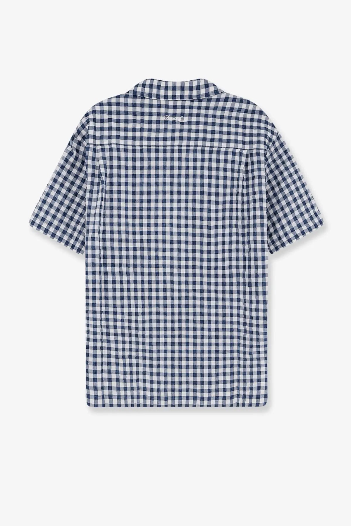 DUNST men’s navy and white gingham short-sleeved cotton blend button-up shirt with collar in blue color