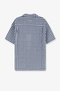 DUNST men’s navy and white gingham short-sleeved cotton blend button-up shirt with collar in blue color