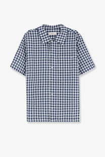DUNST men’s blue and white gingham cotton blend short-sleeved button-up shirt with collar
