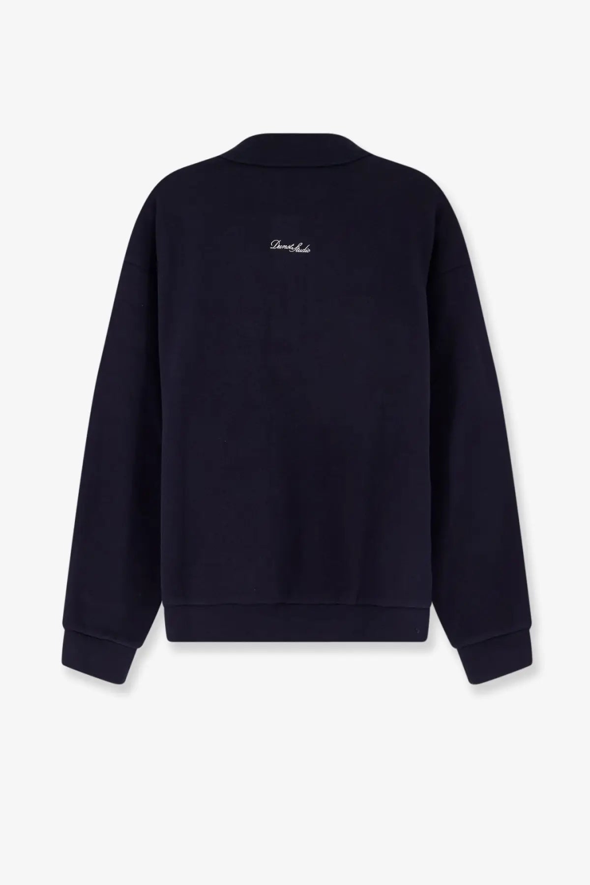 Black crewneck sweatshirt with white cursive embroidery on the back matching dunst mens cotton polo shirt blue