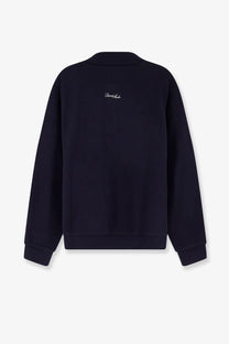 Black crewneck sweatshirt with white cursive embroidery on the back matching dunst mens cotton polo shirt blue