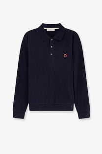 Dunst men’s cotton polo shirt in navy blue with long sleeves and small orange embroidered logo on left chest