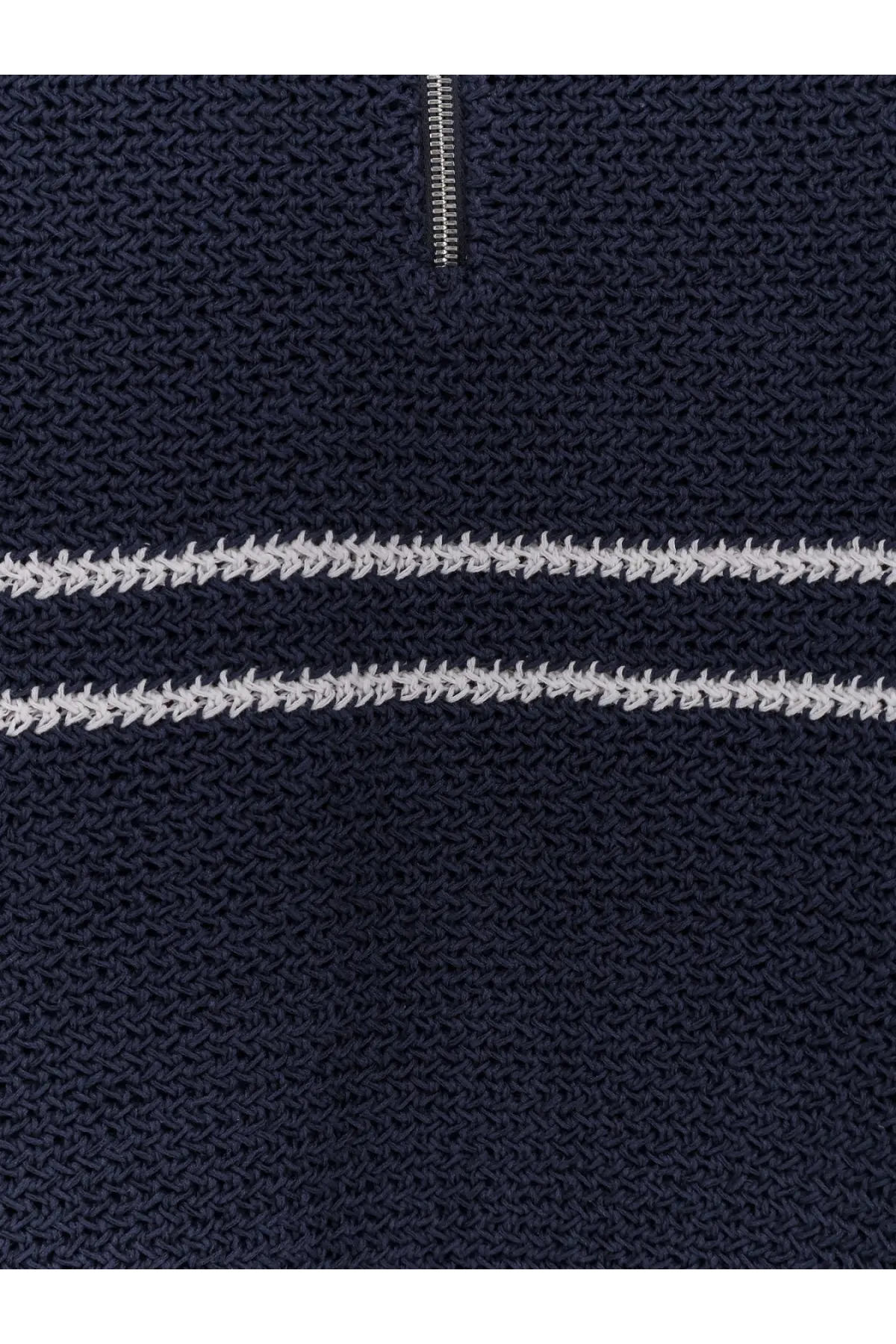 Dunst men’s half zip cotton blend sweater blue with dark blue knit, silver zipper, and white stitched stripes