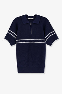 Dunst men’s half zip cotton blend sweater in navy blue with white stripes and ribbed cuffs and hem