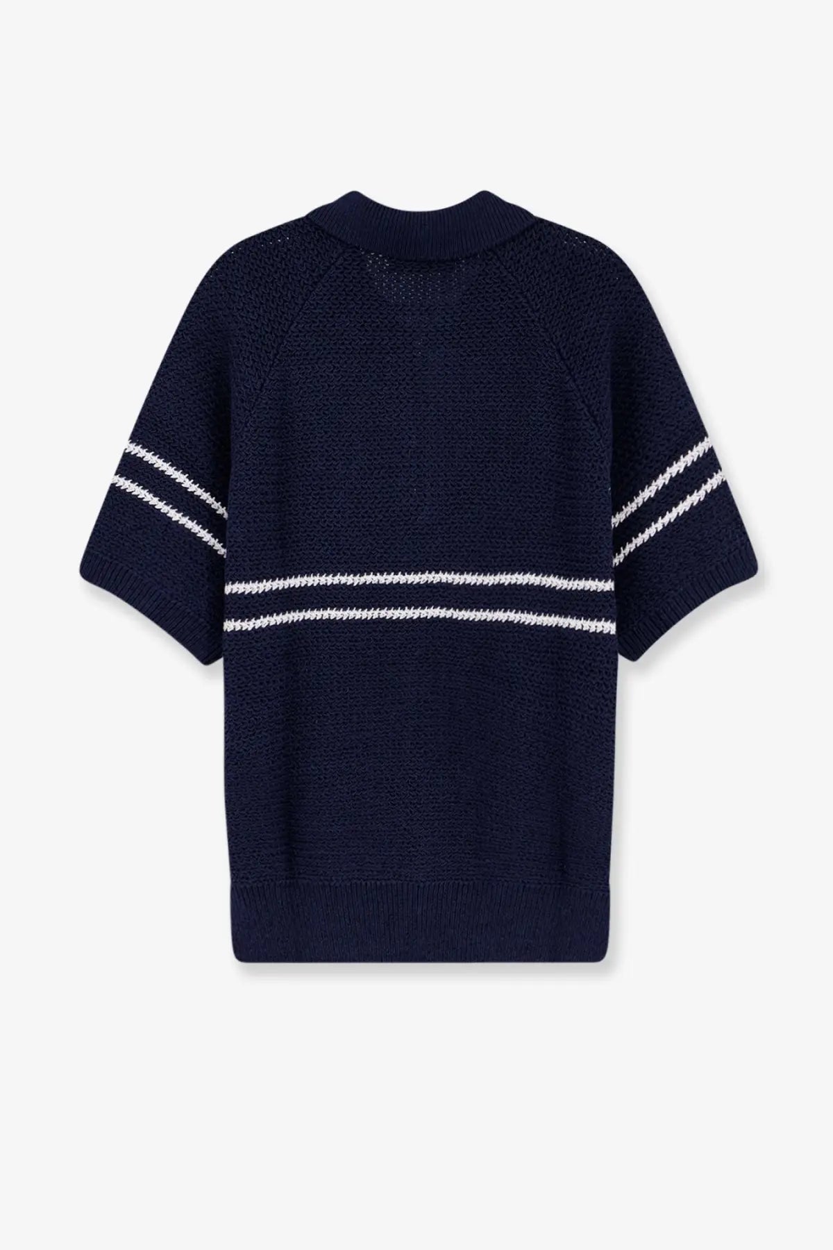 Dunst men’s half zip cotton blend navy blue sweater with white horizontal stripes on torso and sleeves