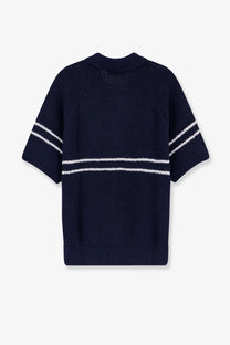 Dunst men’s half zip cotton blend navy blue sweater with white horizontal stripes on torso and sleeves