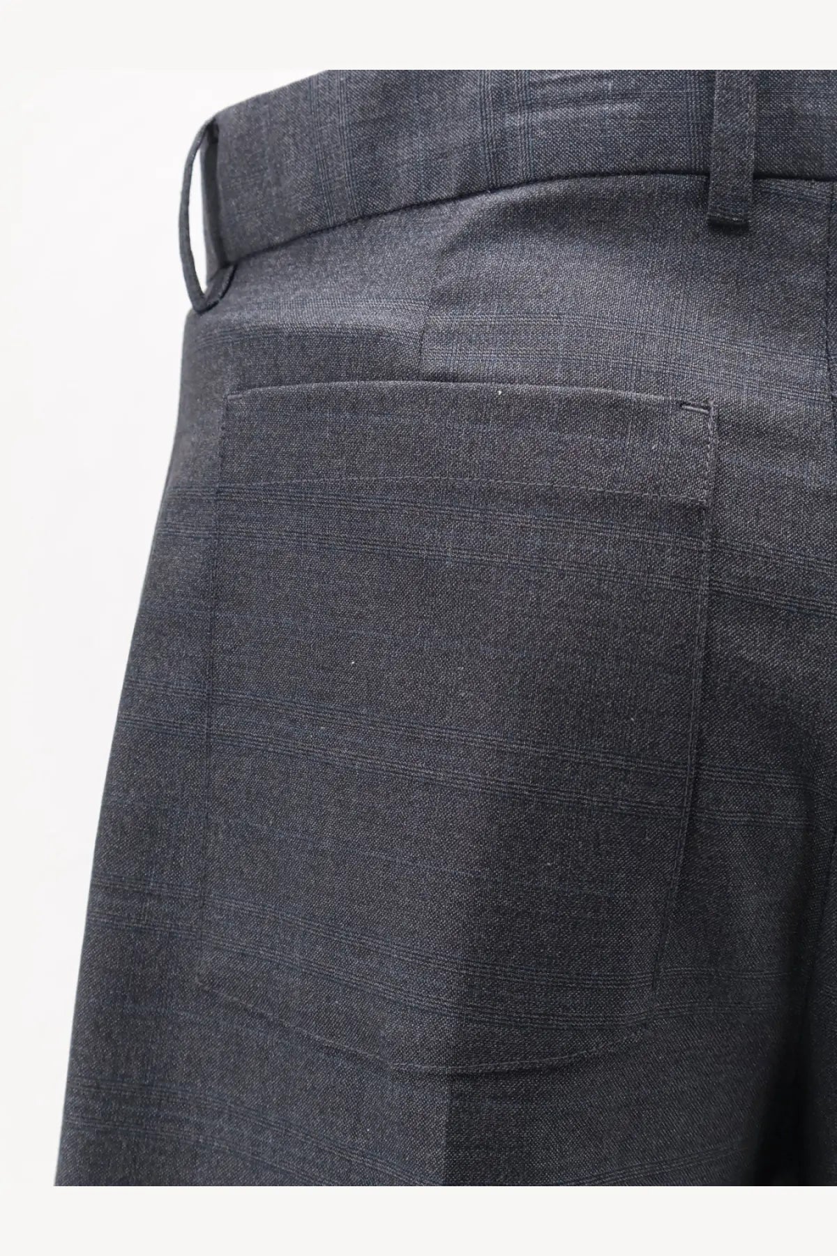 Dark gray wool blend trousers with subtle herringbone weave and structured back pocket shown from the back side