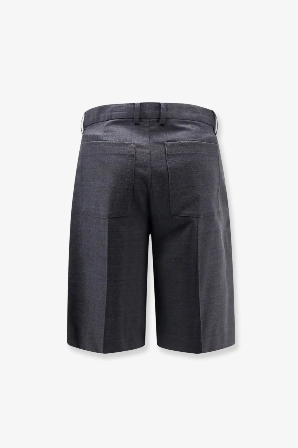 Back view of dunst men’s pleated check grey wool blend bermuda shorts with tailored fit and two back pockets