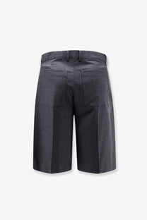 Back view of dunst men’s pleated check grey wool blend bermuda shorts with tailored fit and two back pockets