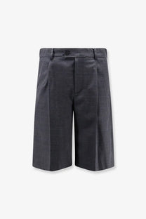 Dark gray tailored fit DUNST men’s pleated check wool blend bermuda shorts with button closure