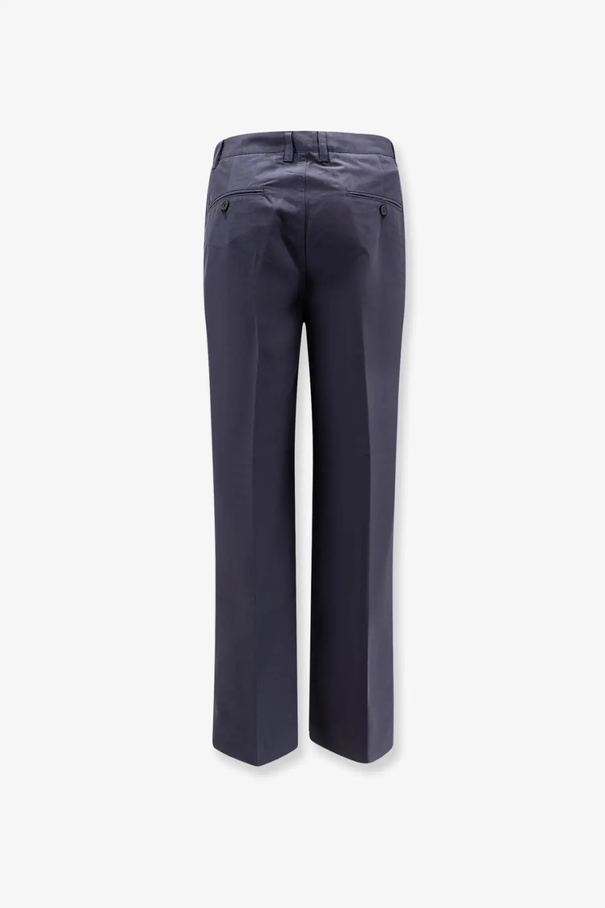 Dark navy blue dunst men’s pleated chino slacks trousers with tailored fit and buttoned back pockets shown from the back