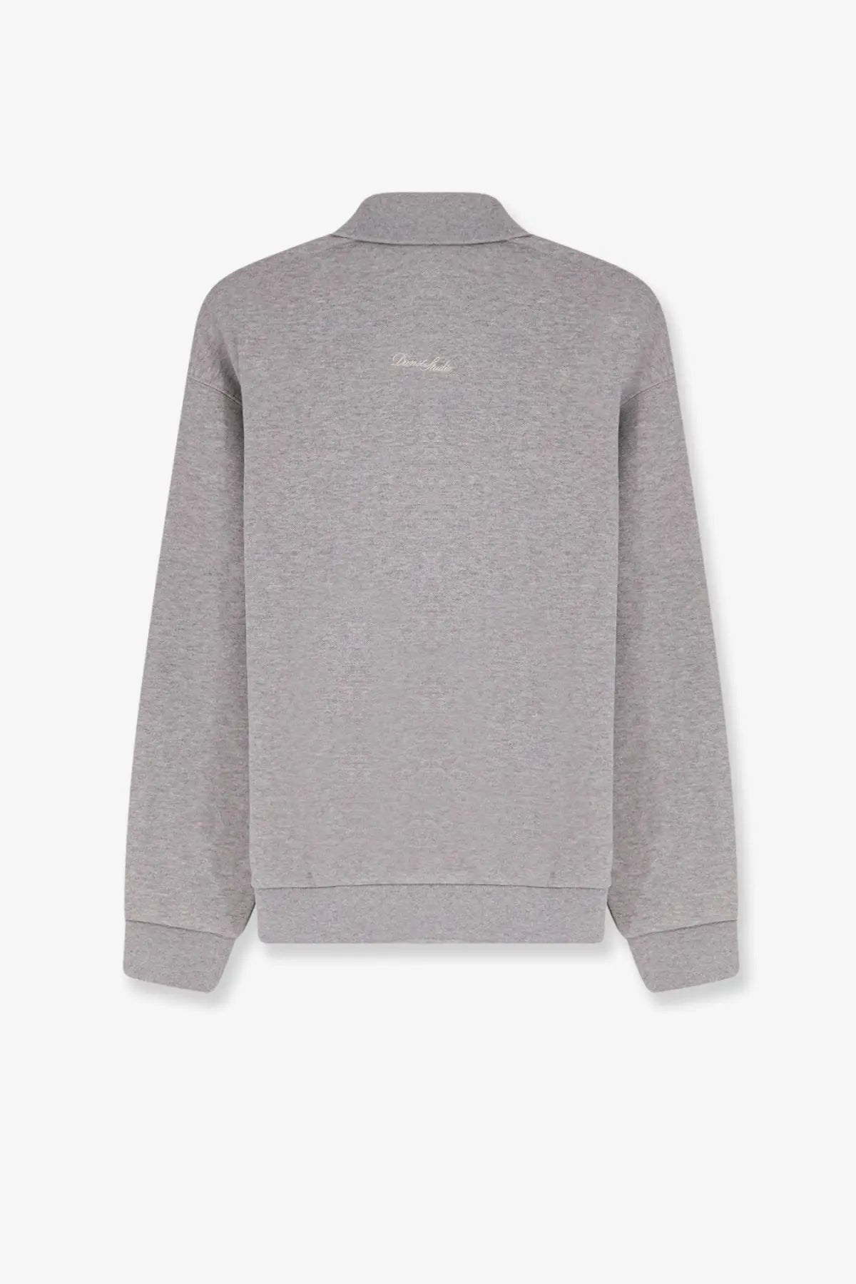 Back side of dunst men’s grey heathered sweatshirt with subtle embroidered logo perfect for casual wear