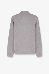 Back side of dunst men’s grey heathered sweatshirt with subtle embroidered logo perfect for casual wear