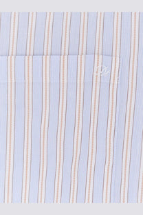 DUNST men’s striped cotton shirt beige with light blue and beige vertical stripes and subtle embroidered chest logo