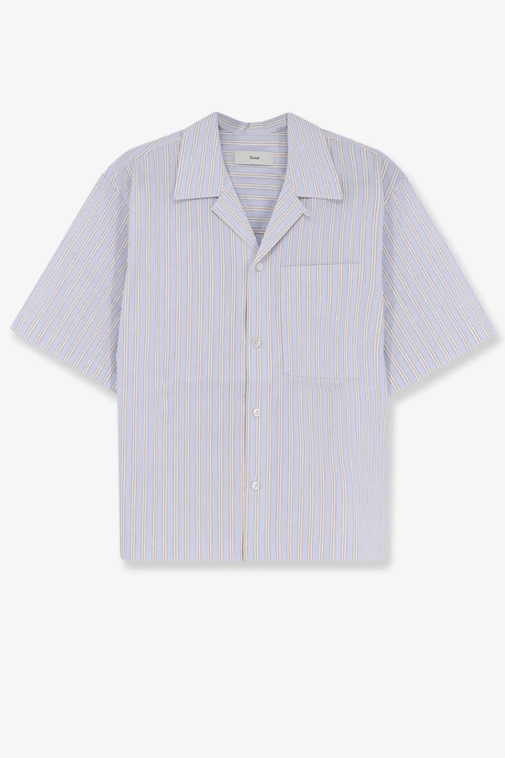 DUNST men’s striped cotton shirt in light blue and white with short sleeves and a collar for casual wear
