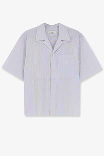 DUNST men’s striped cotton shirt in light blue and white with short sleeves and a collar for casual wear