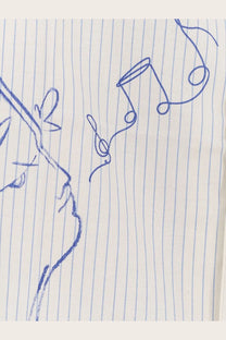 Dunst men’s striped cotton shirt blue with delicate blue line drawing of profiled face and musical notes on cream fabric