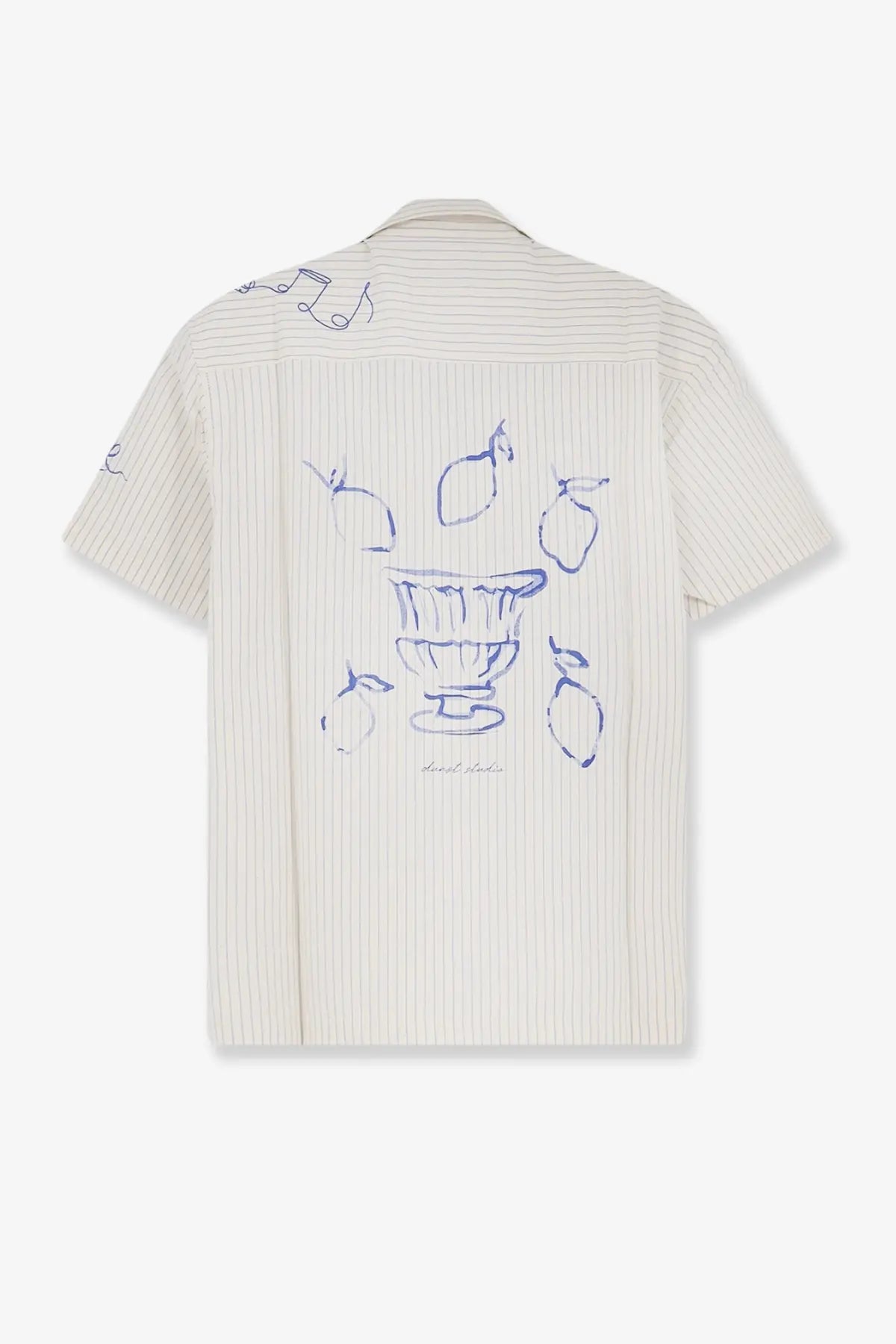Off-white pinstripe short sleeve cotton shirt with blue lemon and bowl line drawings on the back by DUNST men
