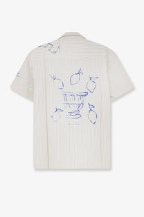 Off-white pinstripe short sleeve cotton shirt with blue lemon and bowl line drawings on the back by DUNST men