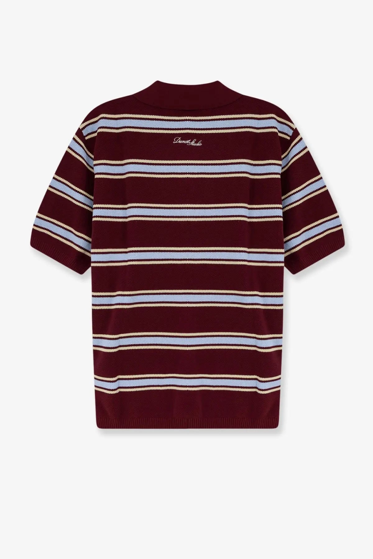 Dunst men’s unisex cotton polo shirt in maroon and light blue horizontal stripes with ribbed crew neck