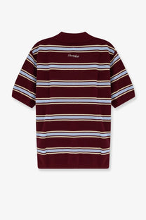 Dunst men’s unisex cotton polo shirt in maroon and light blue horizontal stripes with ribbed crew neck