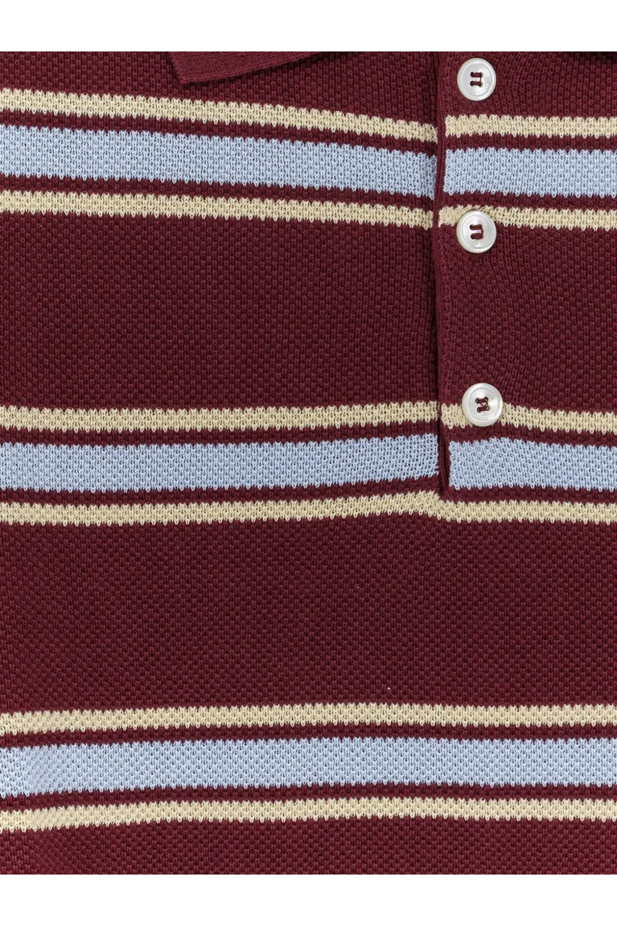 DUNST men’s unisex cotton polo shirt blue with maroon and light blue stripes and cream button-down front accents