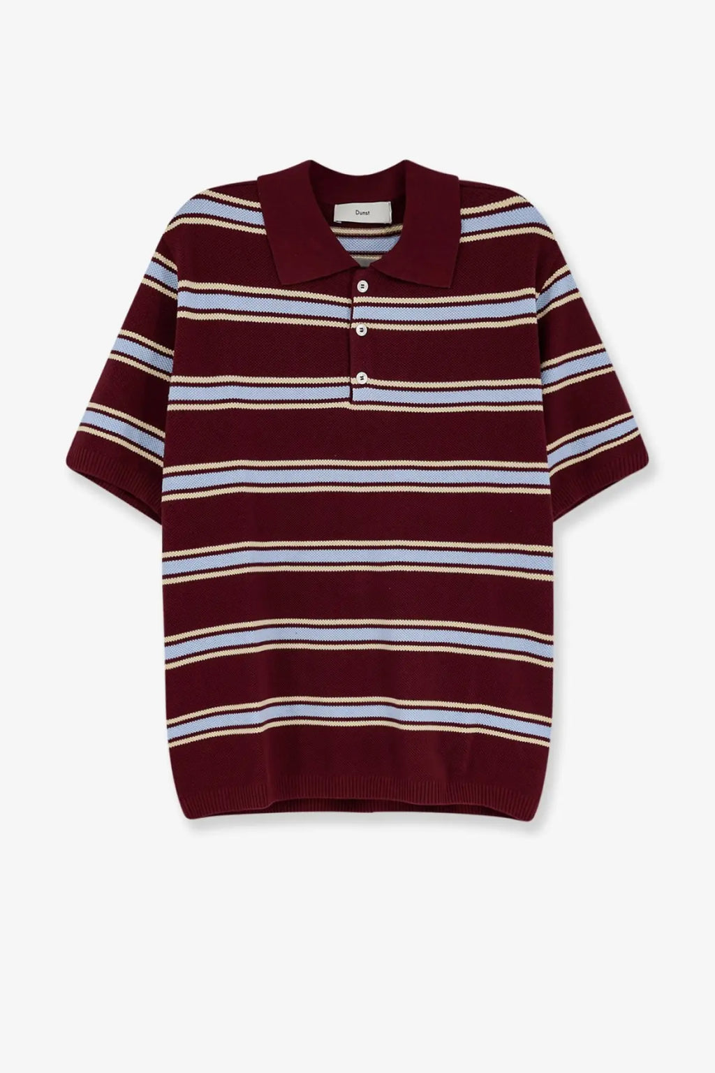 DUNST men’s unisex cotton polo shirt in maroon and light blue stripes with classic collar and button placket