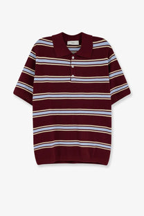 DUNST men’s unisex cotton polo shirt in maroon and light blue stripes with classic collar and button placket