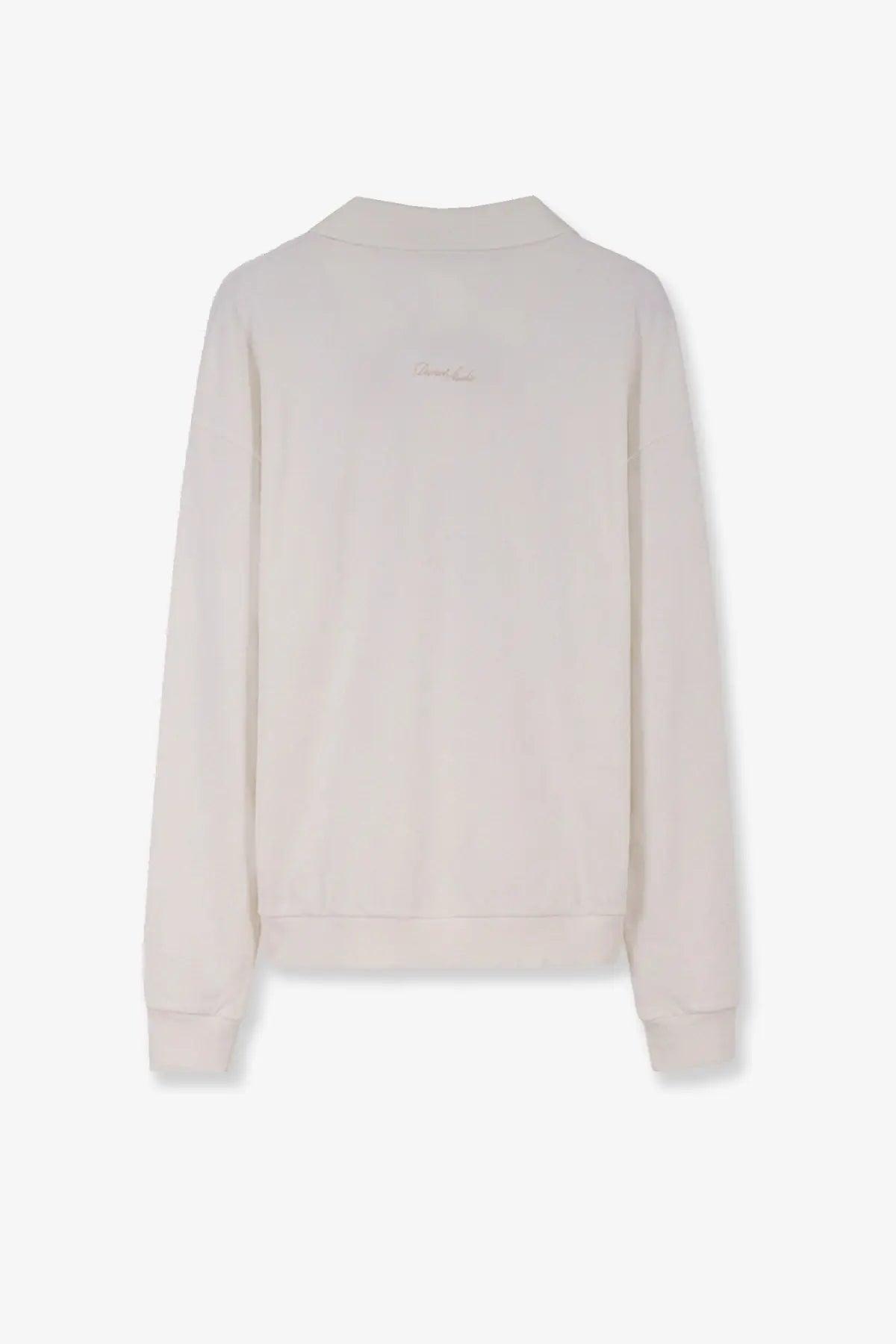 Back view of dunst cream-colored long-sleeved sweatshirt with subtle embroidered logo for men unisex polo shirt white
