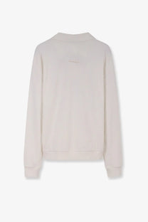 Back view of dunst cream-colored long-sleeved sweatshirt with subtle embroidered logo for men unisex polo shirt white