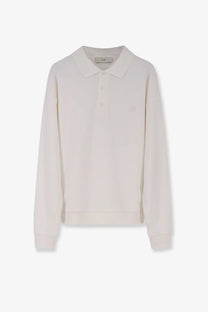 DUNST men’s unisex cream long-sleeved polo shirt with subtle embroidered logo and branded collar tag