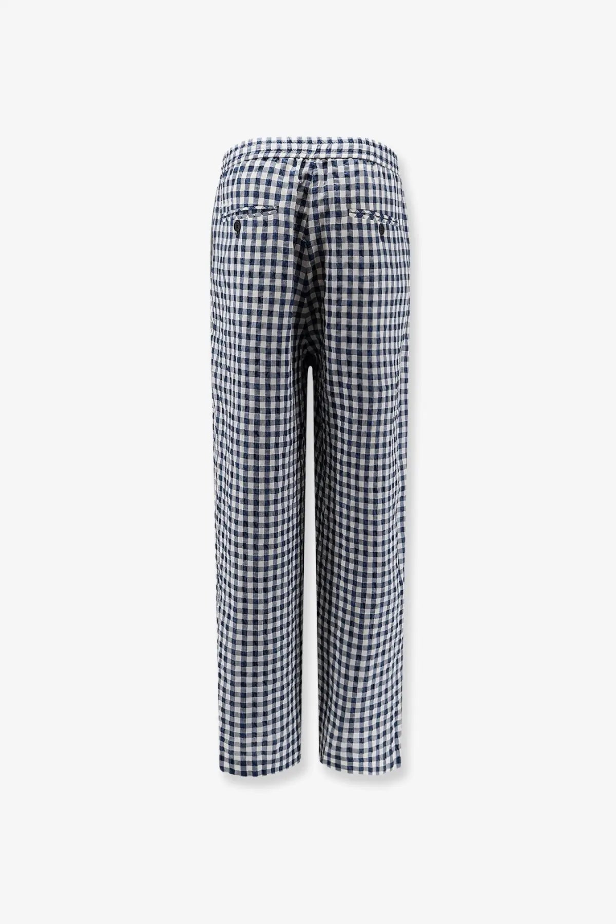 Dunst men’s unisex pyjamas trousers blue featuring black and white checkered wide-leg design with drawstring waistband