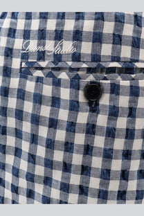 Dunst men’s unisex pyjamas trousers blue featuring a blue and white gingham check shirt with davide studio embroidery