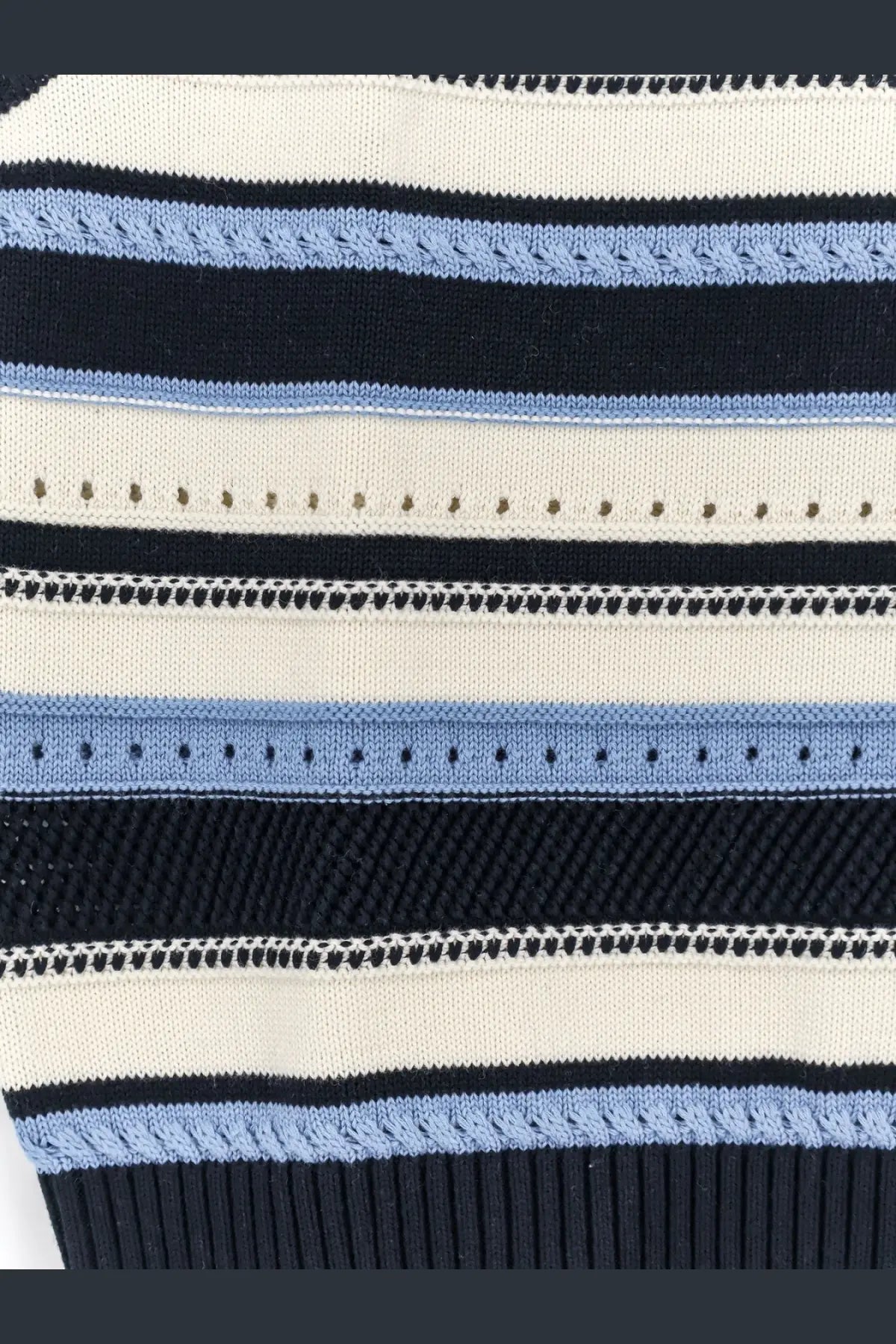 DUNST men’s unisex sleeveless cotton sweater with black white and light blue striped varied textured design